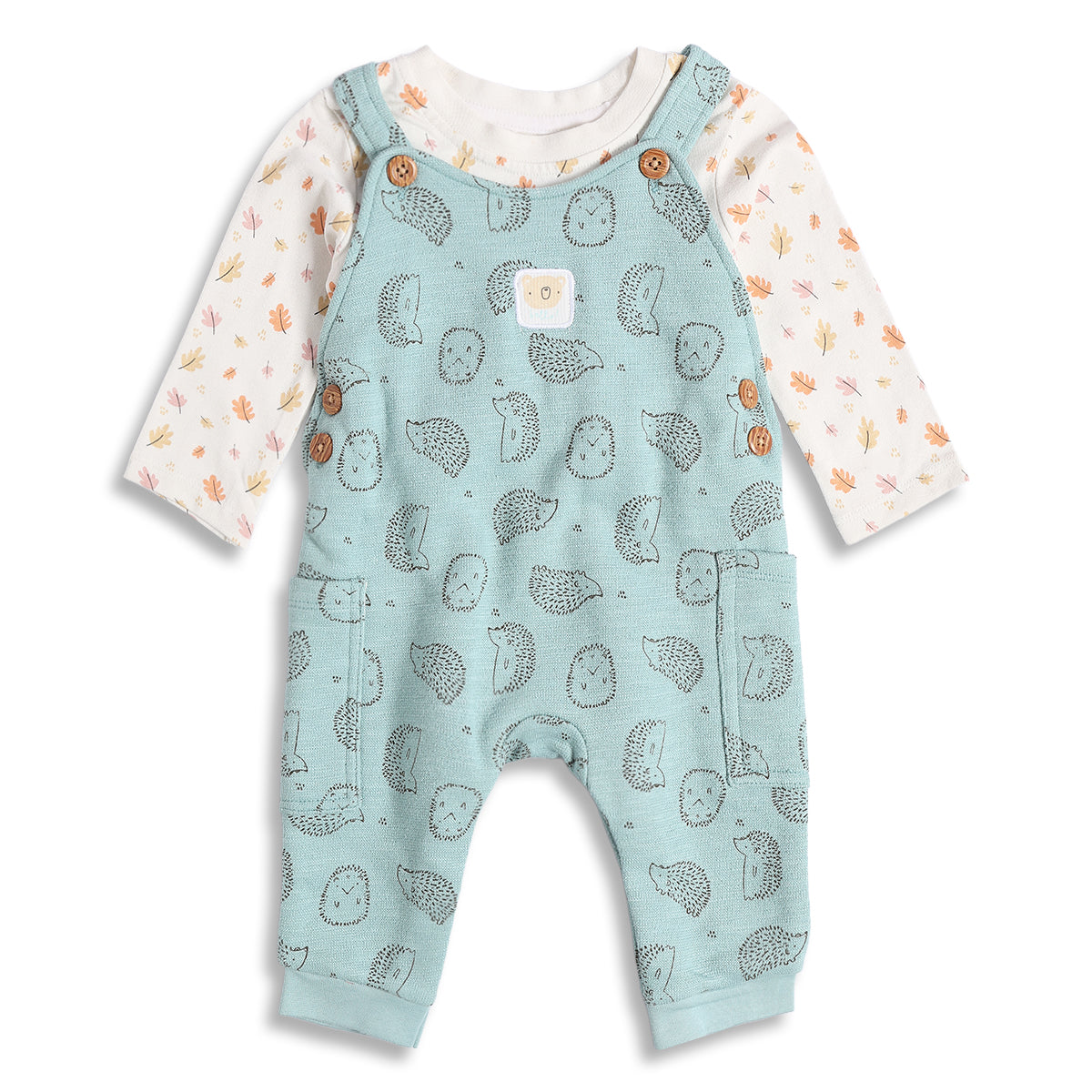 Baby Boys Mint Green and White Cotton Printed Dungaree Set Regular Fit Casual Wear