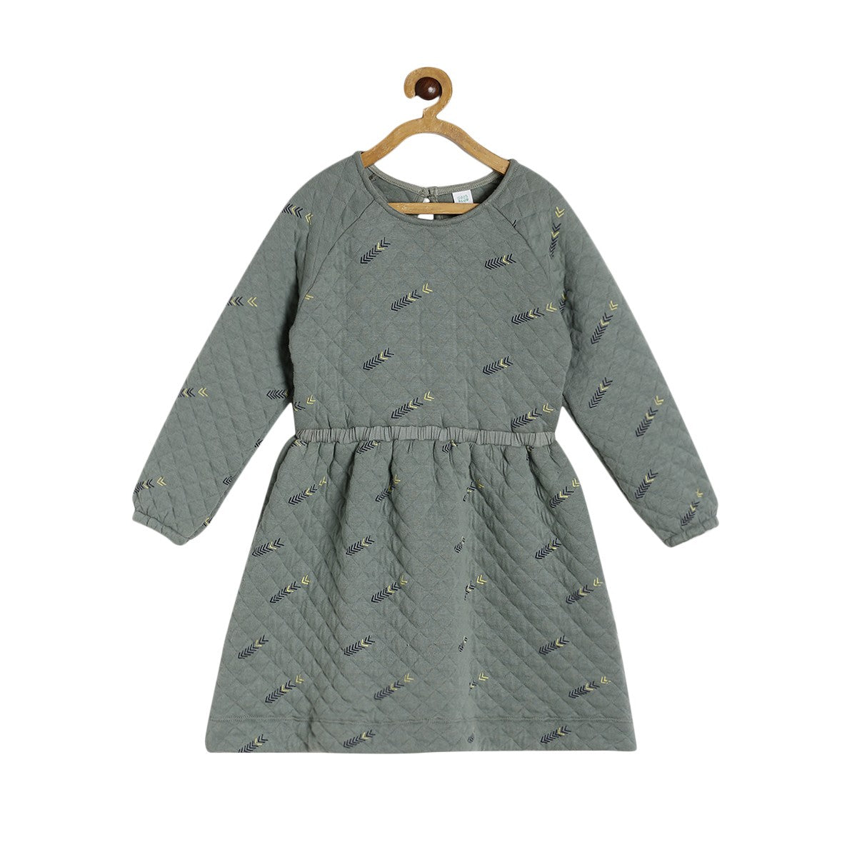Baby Girls Green Quilted Printed Dress Full Sleeve Regular Fit Winter Wear