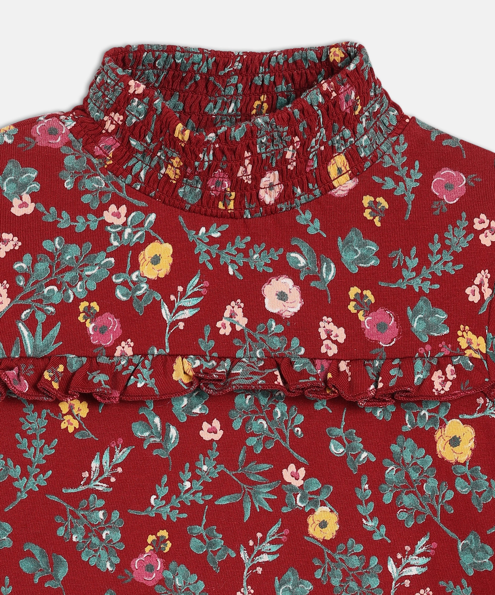 Girls Floral Print High Neck Top, Maroon