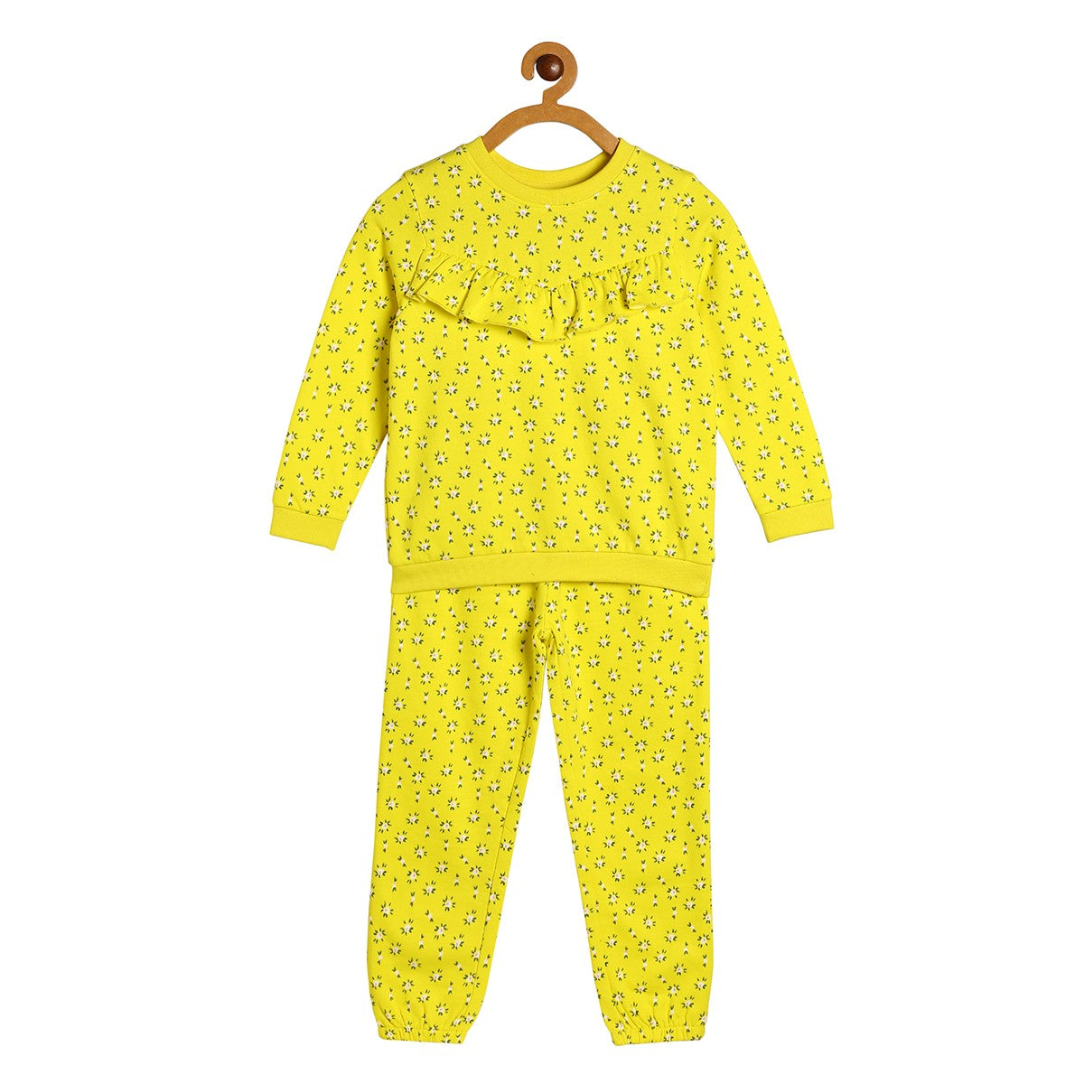 Baby Girls Yellow Cotton Floral Printed Top and Jogger Pants Set Regular Fit Casual Wear
