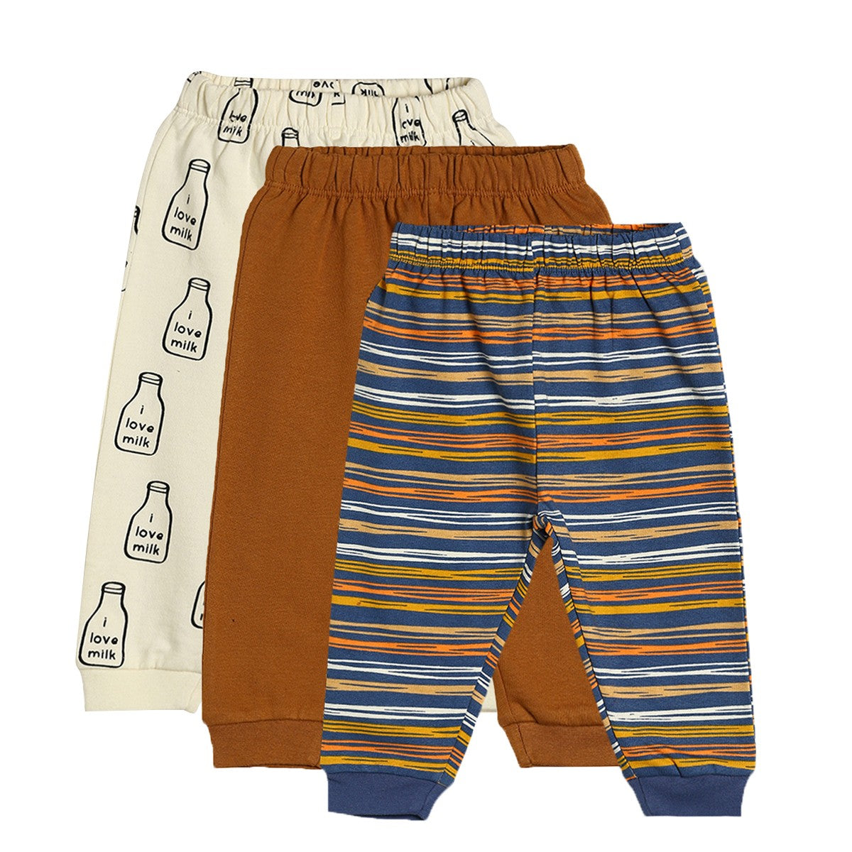 Baby Boys White, Brown and Blue Cotton Printed Joggers Pack of 3 Regular Fit Lounge Pants