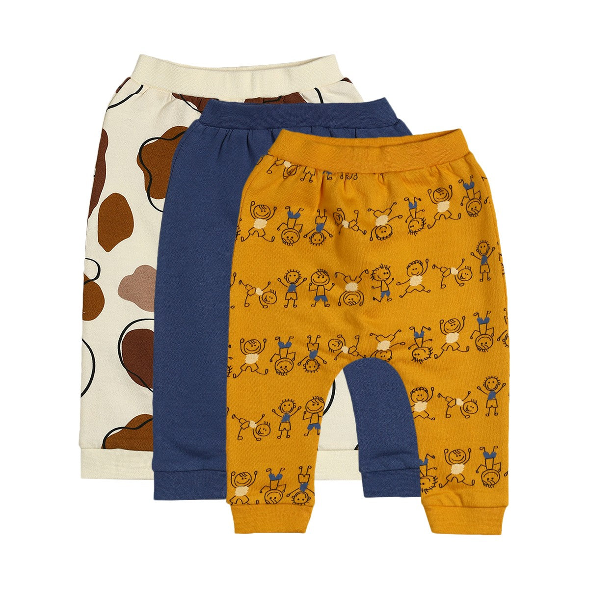 Baby Boys White, Blue and Mustard Cotton Printed Joggers Pack of 3 Regular Fit Lounge Pants