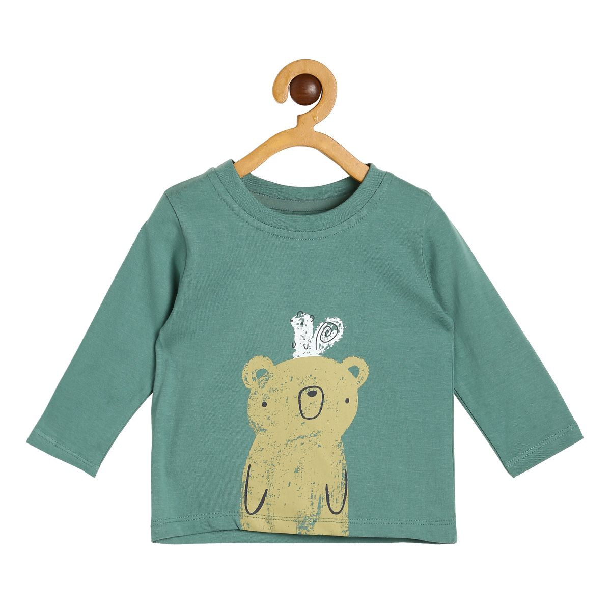 Baby Boys Bear Printed Green Cotton T-Shirt Regular Fit Full Sleeve Tee