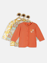 Baby Girls Peach Grey & Yellow Cotton Printed Front Open T-Shirt Pack of 3 Full Sleeve Regular Fit Casual Wear T-Shirts