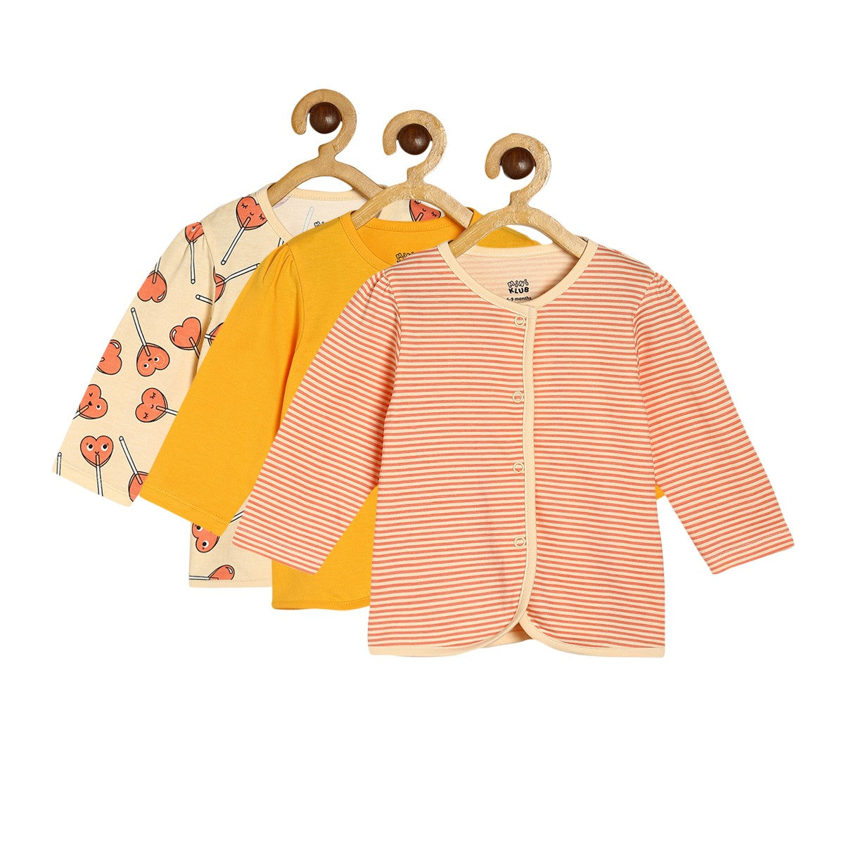 Baby Girls Peach Yellow & Cream Cotton Printed Front Open T-Shirt Pack of 3 Full Sleeve Regular Fit Casual Wear T-Shirts