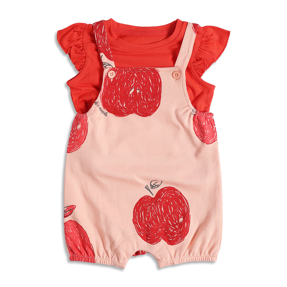 Baby Girls Peach and Red Apple Printed Cotton Dungaree Set Regular Fit Casual Wear