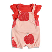 Baby Girls Peach and Red Apple Printed Cotton Dungaree Set Regular Fit Casual Wear