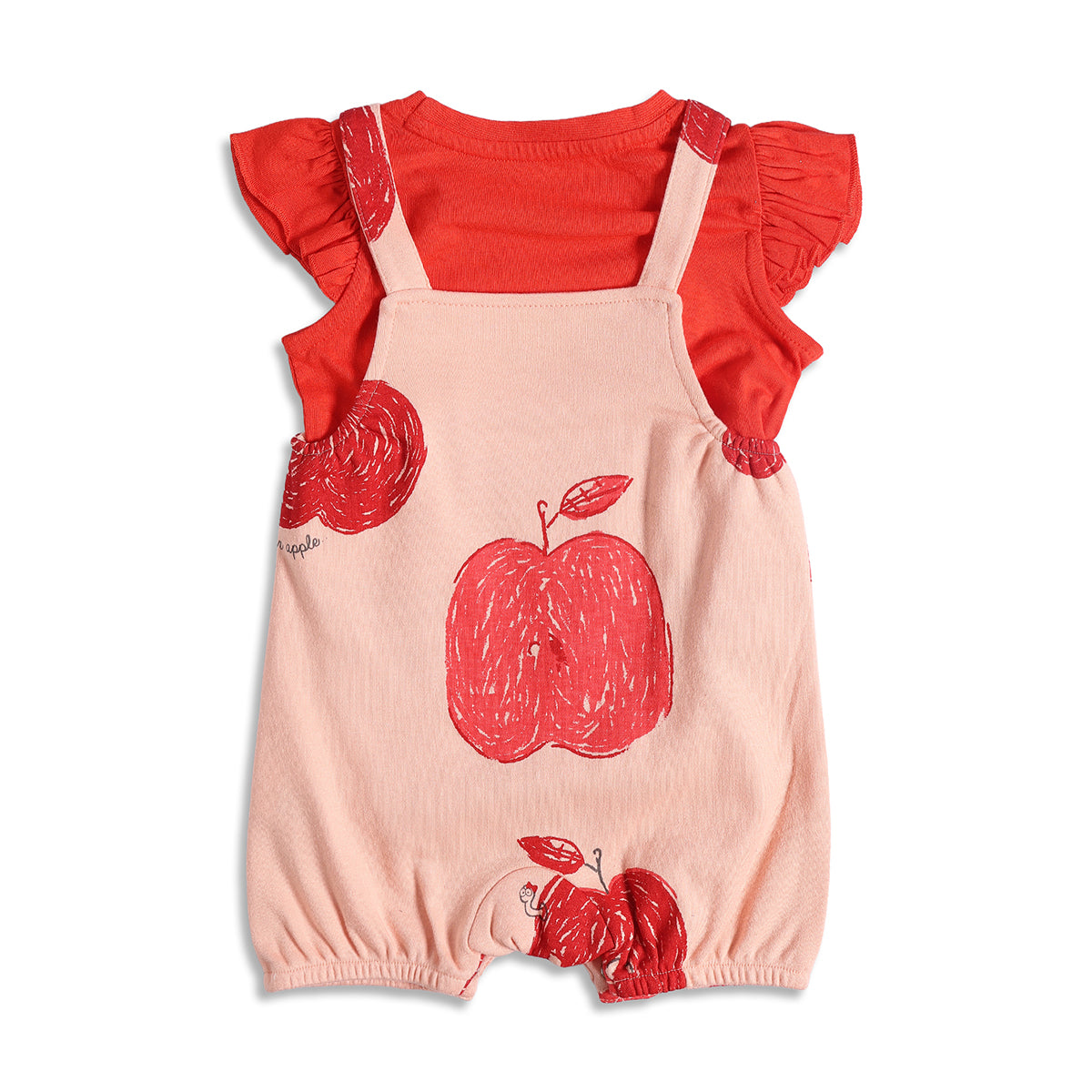 Baby Girls Peach and Red Apple Printed Cotton Dungaree Set Regular Fit Casual Wear