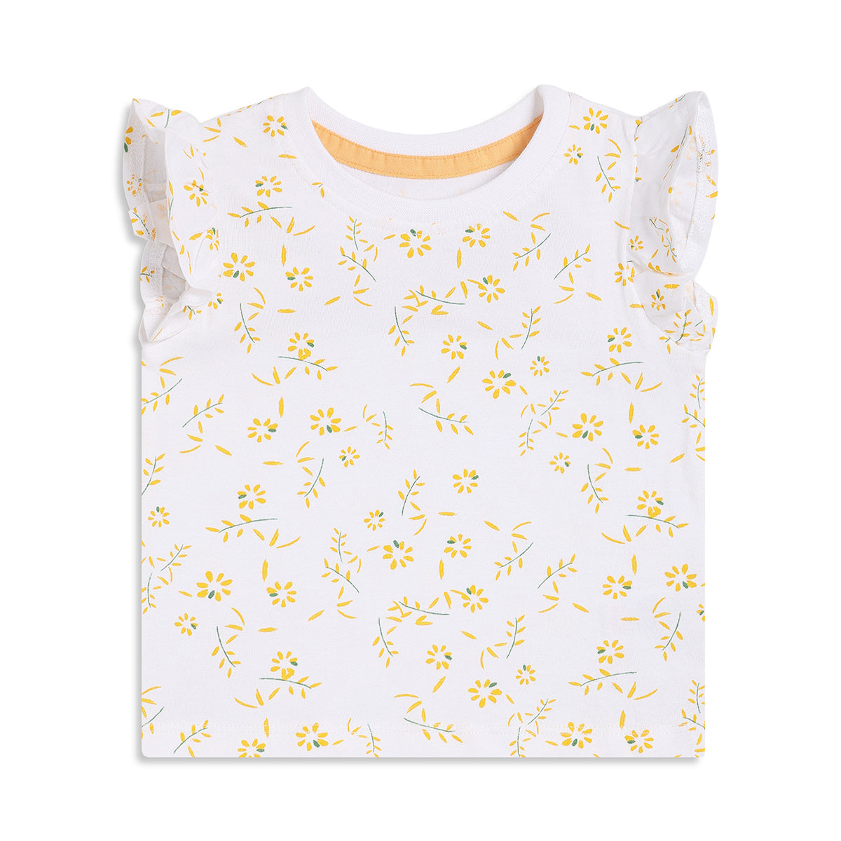 Baby Girls White and Yellow Floral Printed Cotton Regular Fit Flutter Sleeve Top