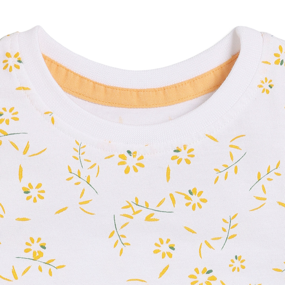 Baby Girls White and Yellow Floral Printed Cotton Regular Fit Flutter Sleeve Top