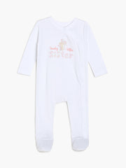 Baby Girls Lovely Little Sister Print Front Open Sleepsuit, White and Pink