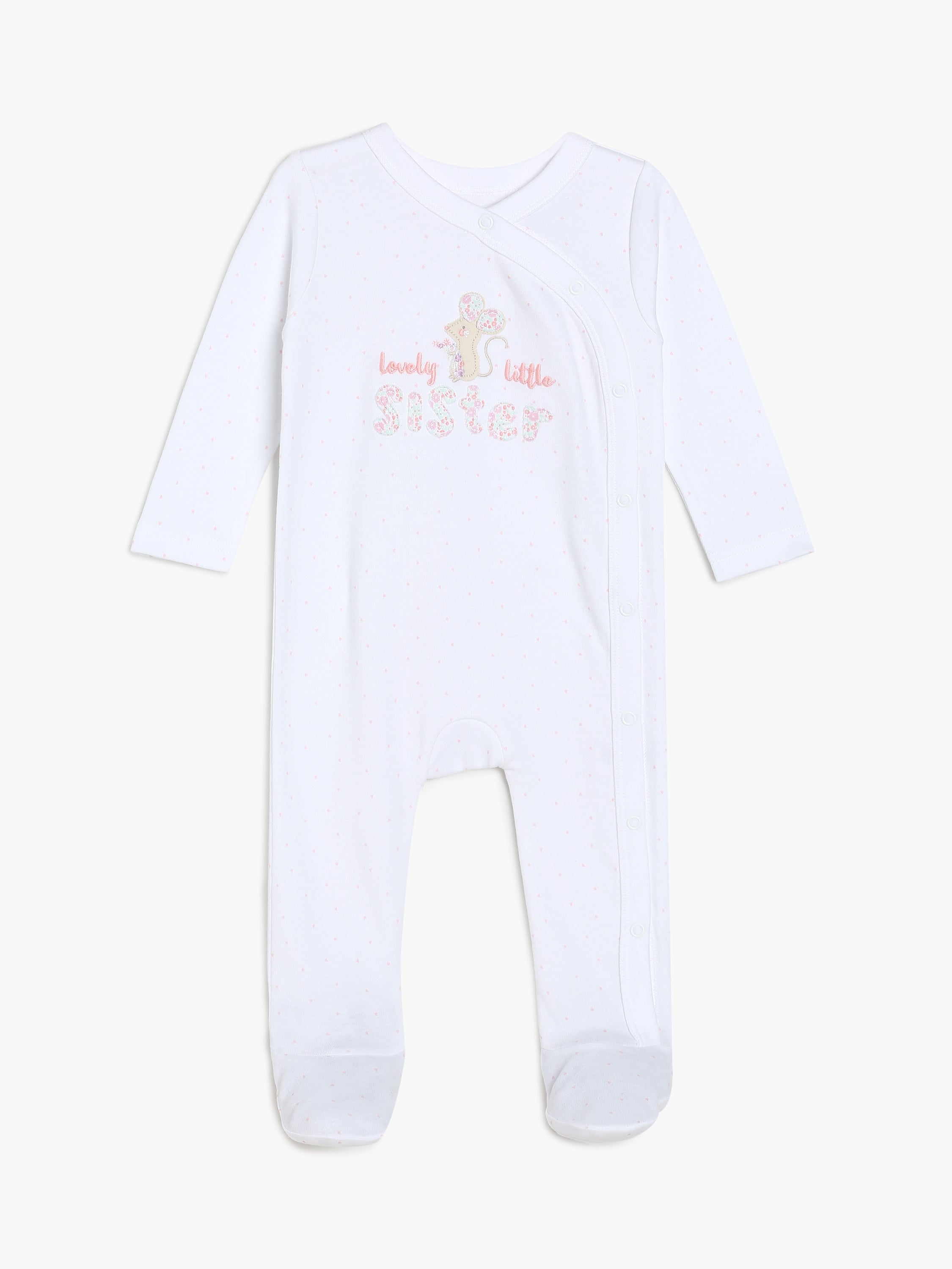Baby Girls Lovely Little Sister Print Front Open Sleepsuit, White and Pink
