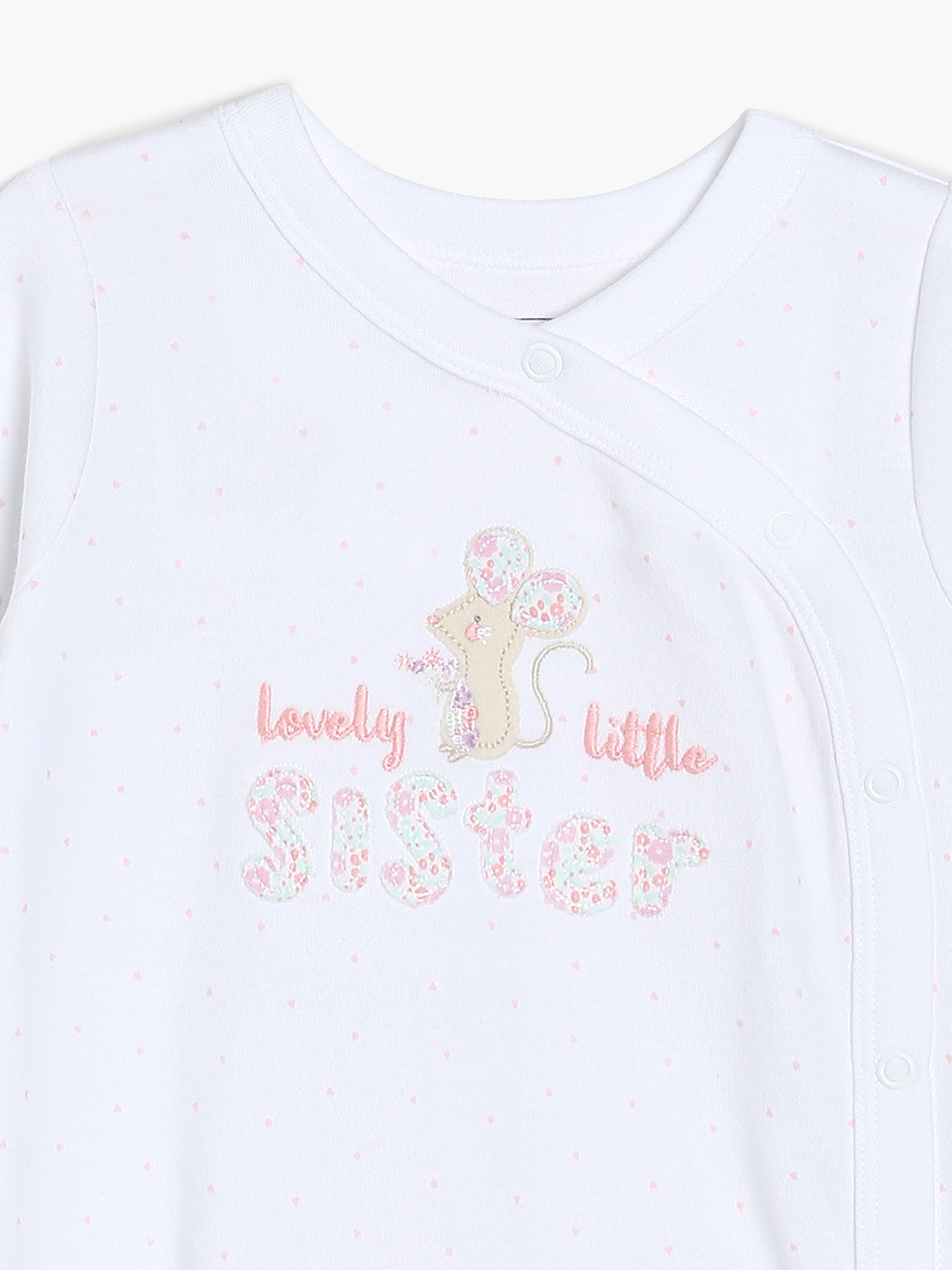 Baby Girls Lovely Little Sister Print Front Open Sleepsuit, White and Pink