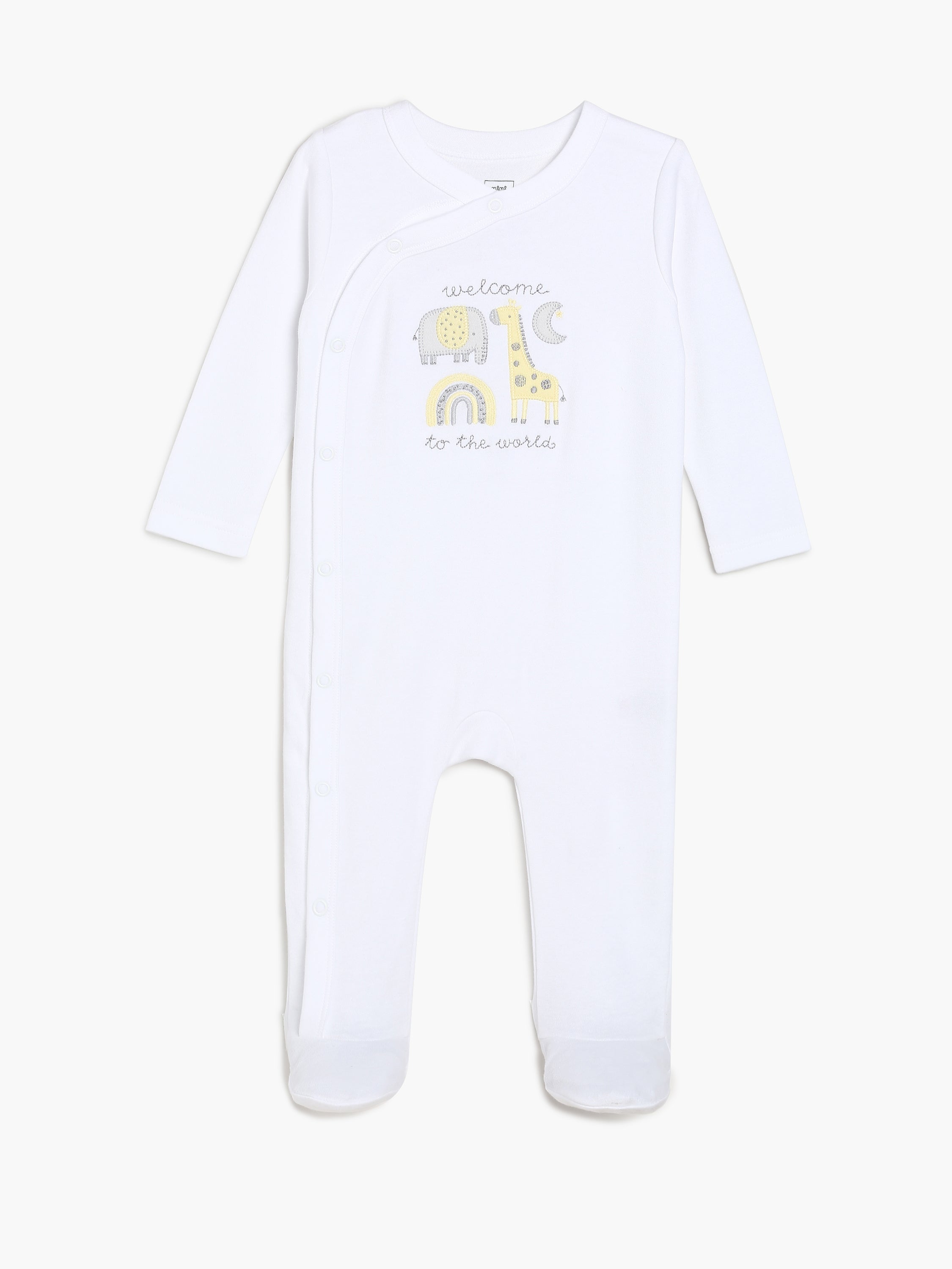 Baby Unisex Animal Print Front Open Sleepsuit, White and Yellow