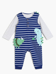 Boys Blue Striped Dinosaur Applique Romper
