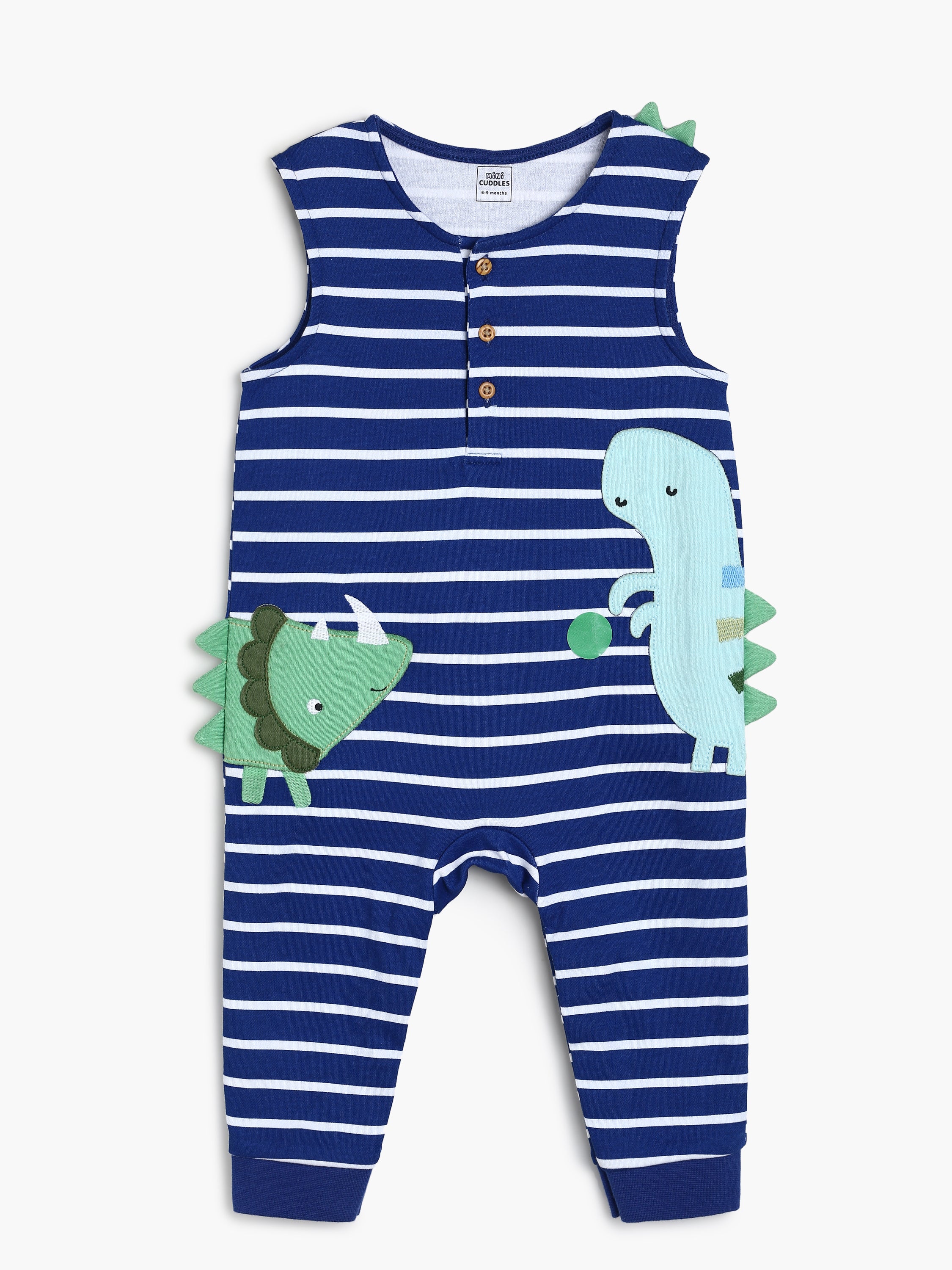Boys Blue Striped Dinosaur Applique Romper