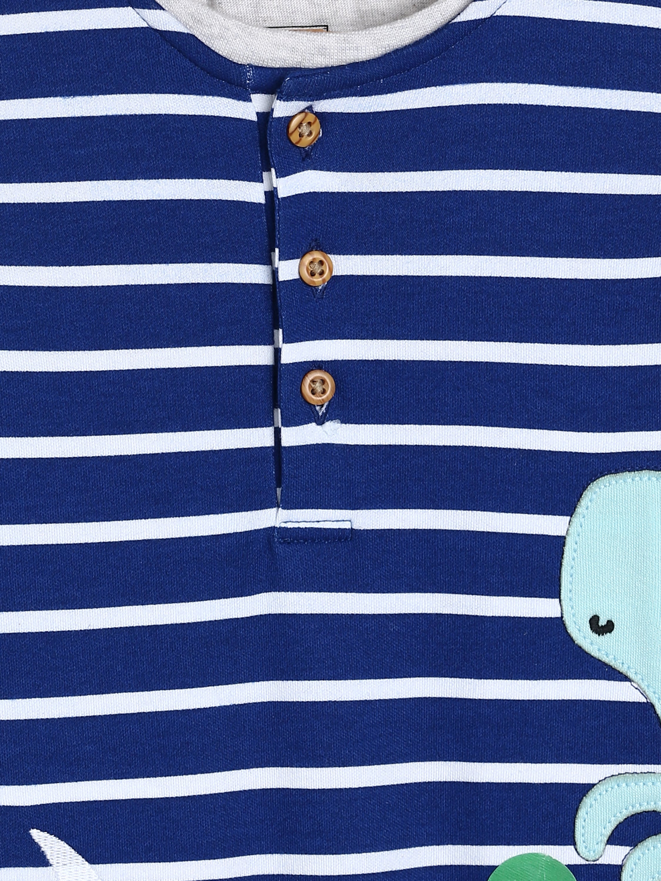 Boys Blue Striped Dinosaur Applique Romper