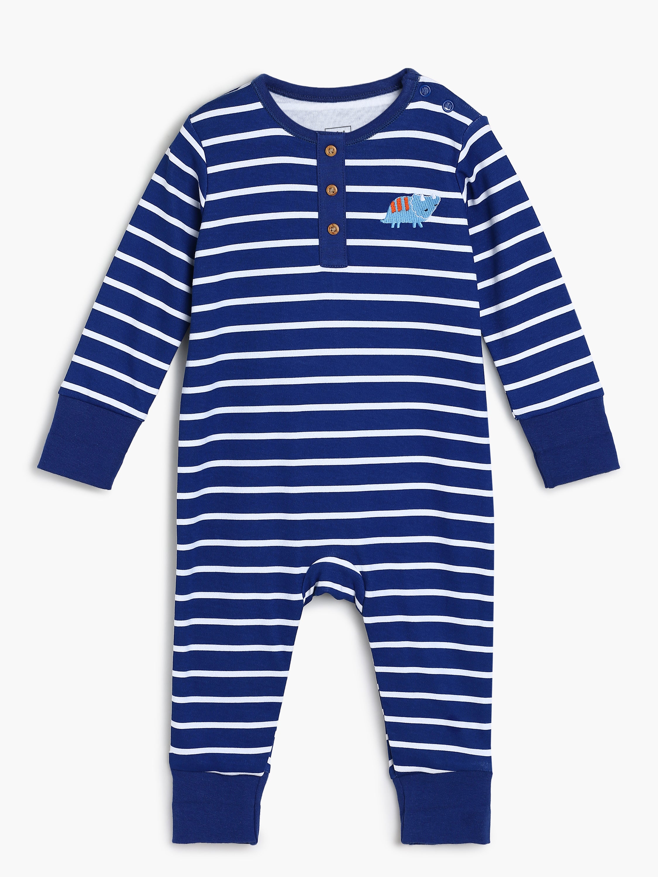 Baby Boys Striped Fish Embroidery Romper, Navy Blue and White
