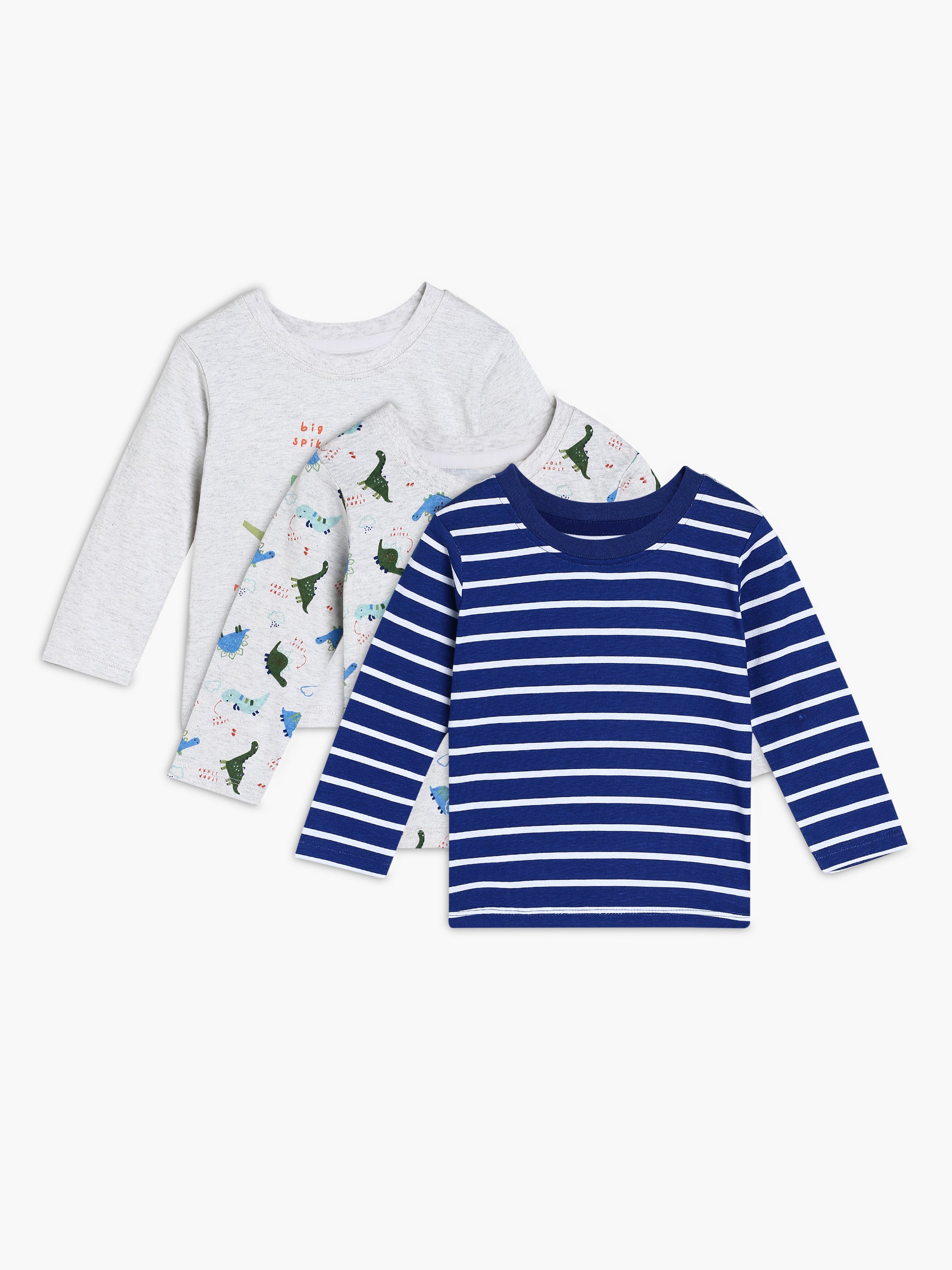 Boys Blue and Grey Dinosaur Print Pack of 3 Full Sleeve T-Shirts