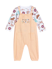 Baby Girls Animal Print Top and Solid Dungaree Set , Peach and Multicolour