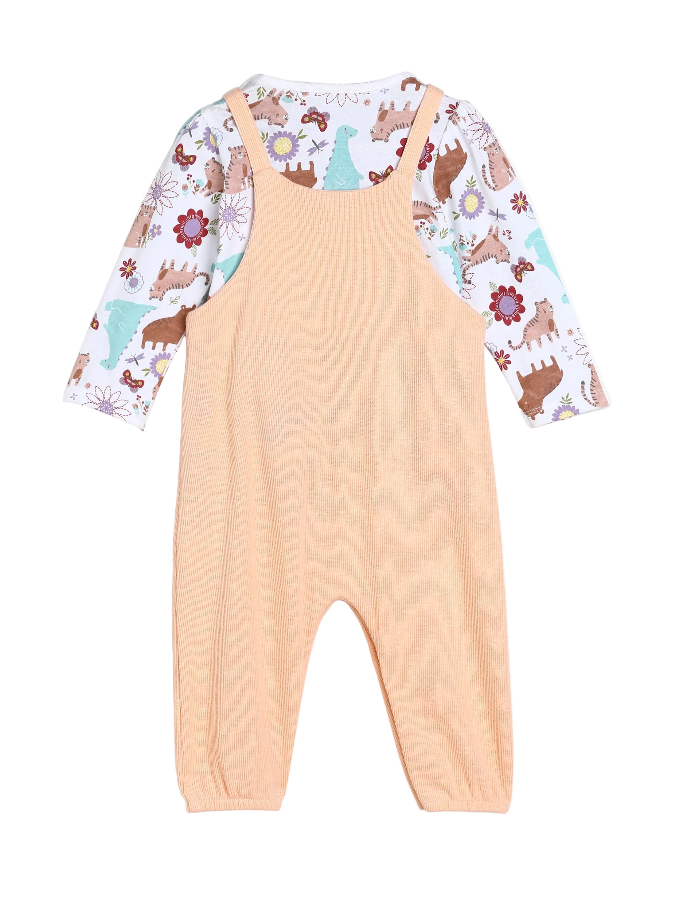Baby Girls Animal Print Top and Solid Dungaree Set , Peach and Multicolour