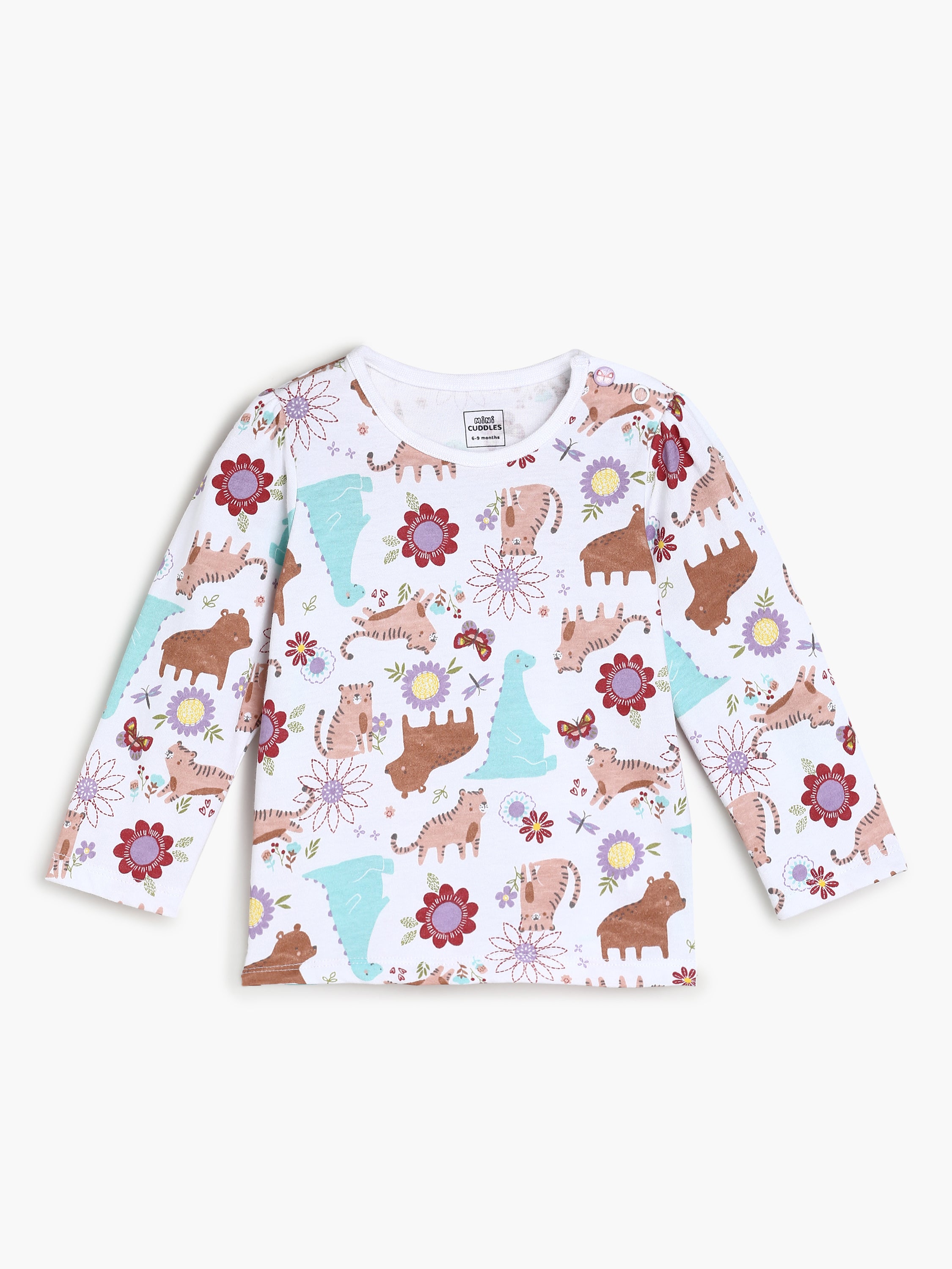 Baby Girls Animal Print Top and Solid Dungaree Set , Peach and Multicolour