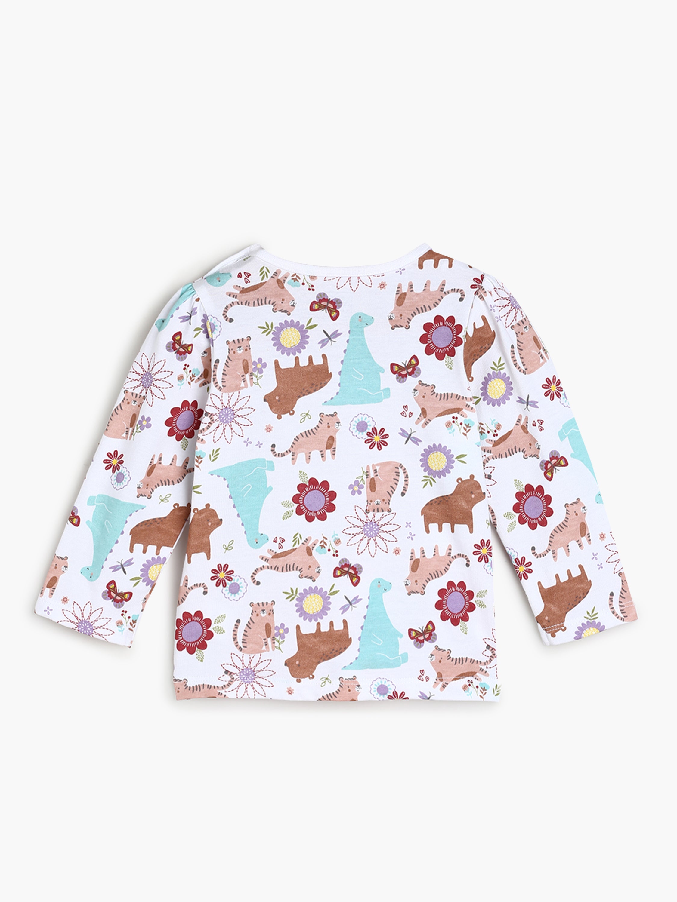 Baby Girls Animal Print Top and Solid Dungaree Set , Peach and Multicolour