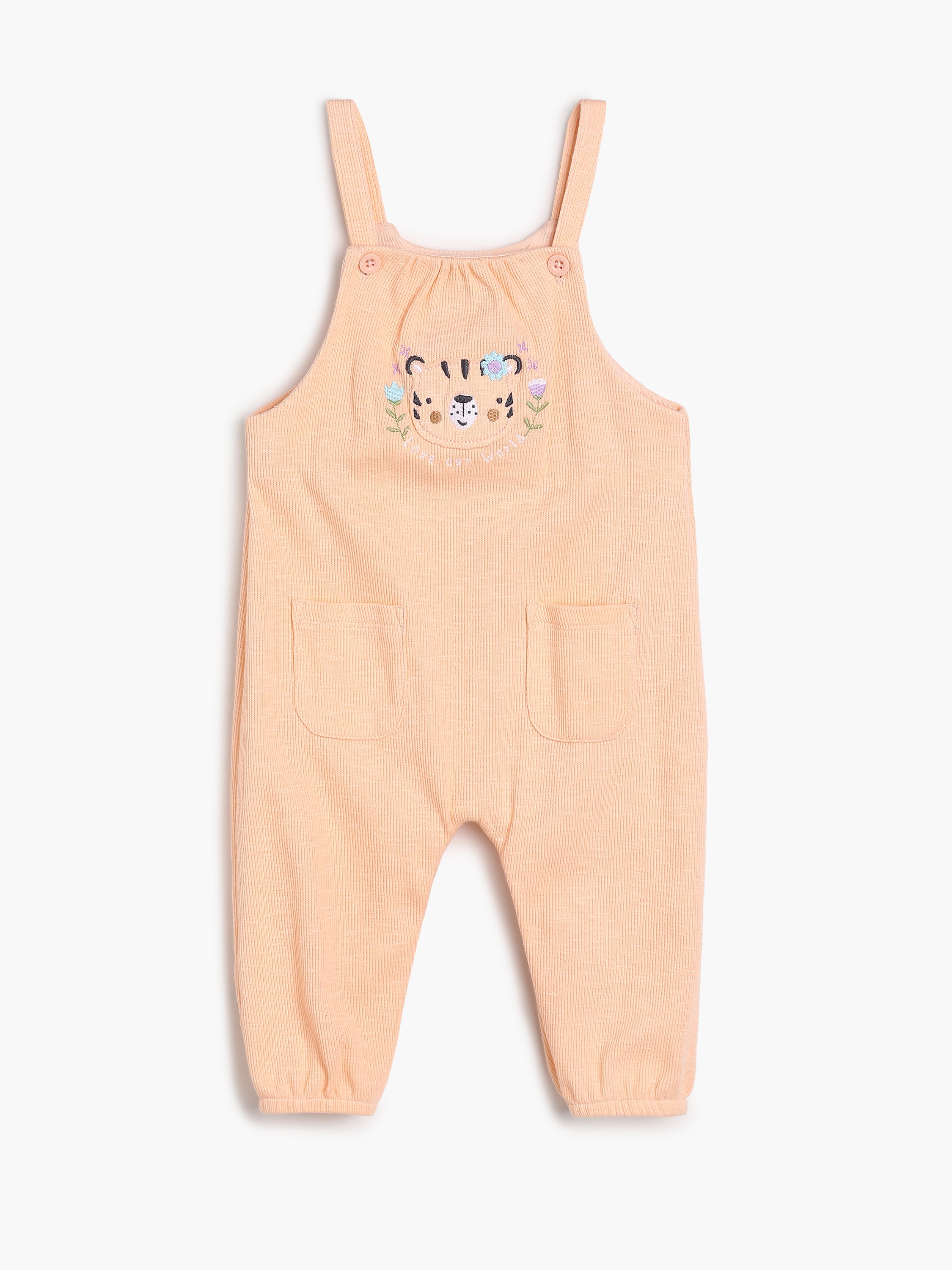 Baby Girls Animal Print Top and Solid Dungaree Set , Peach and Multicolour
