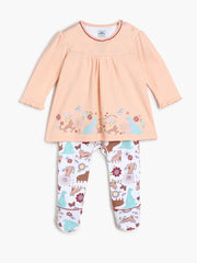 Baby Girls Printed Top and Footed Bottom Set Pack of two, Peach and Multicolour