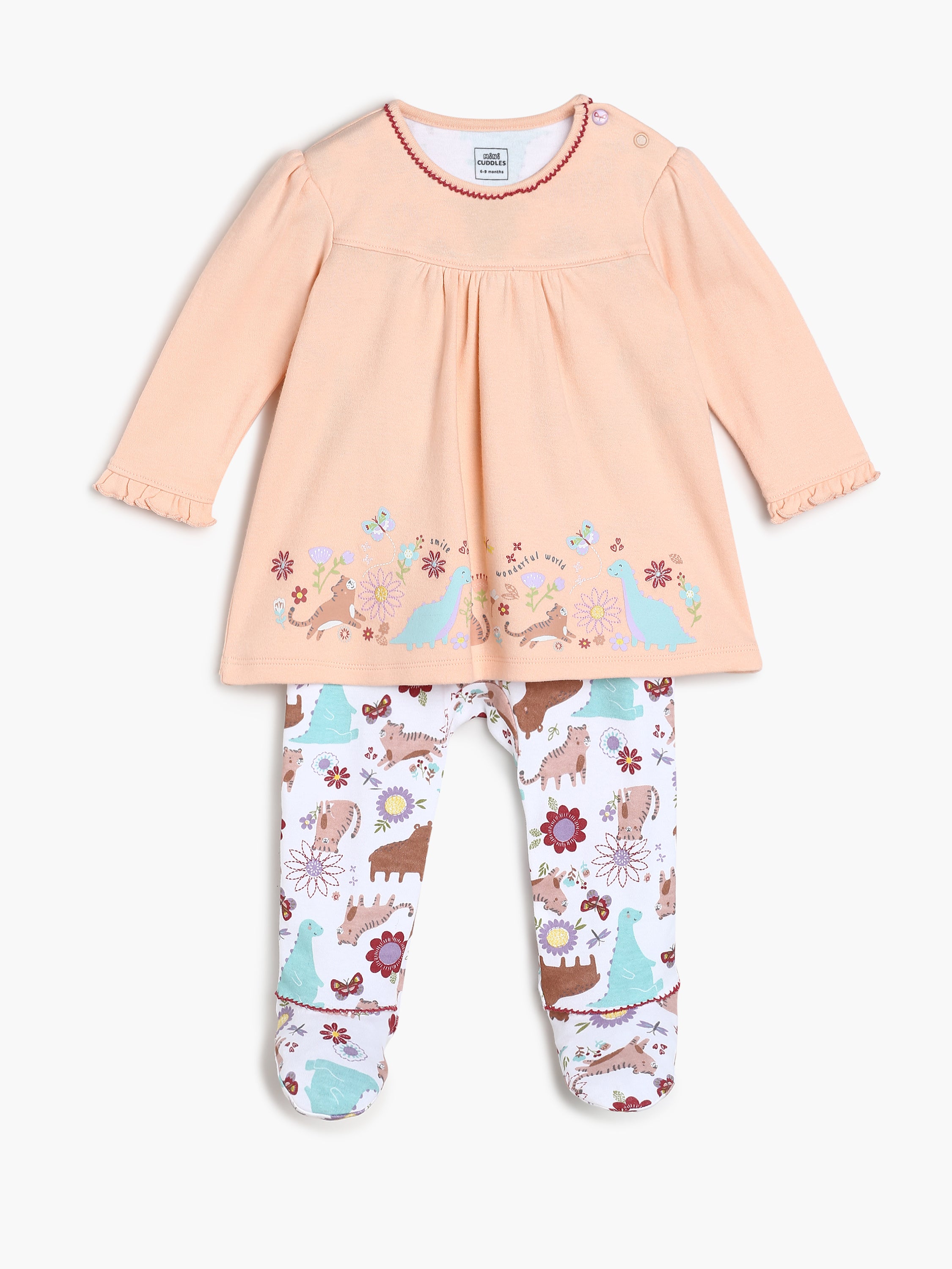 Baby Girls Printed Top and Footed Bottom Set Pack of two, Peach and Multicolour