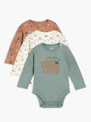 Baby Unisex Printed Full Sleeve Bodysuits Pack of three, Green, Brown and Off White