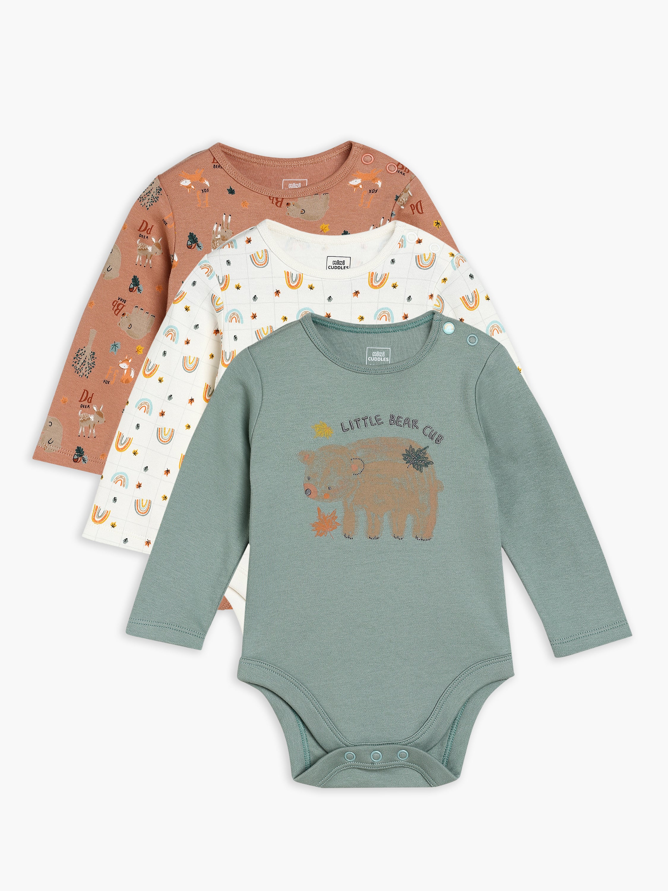 Baby Unisex Printed Full Sleeve Bodysuits Pack of three, Green, Brown and Off White