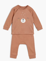 Baby Unisex Bear Face Print Top and Bottom Set , Brown