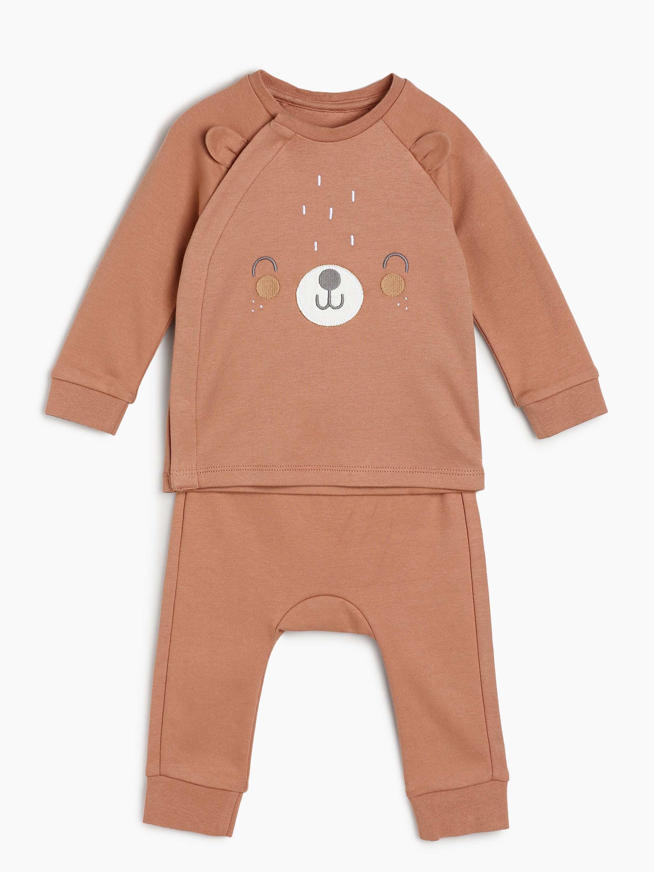 Baby Unisex Bear Face Print Top and Bottom Set , Brown