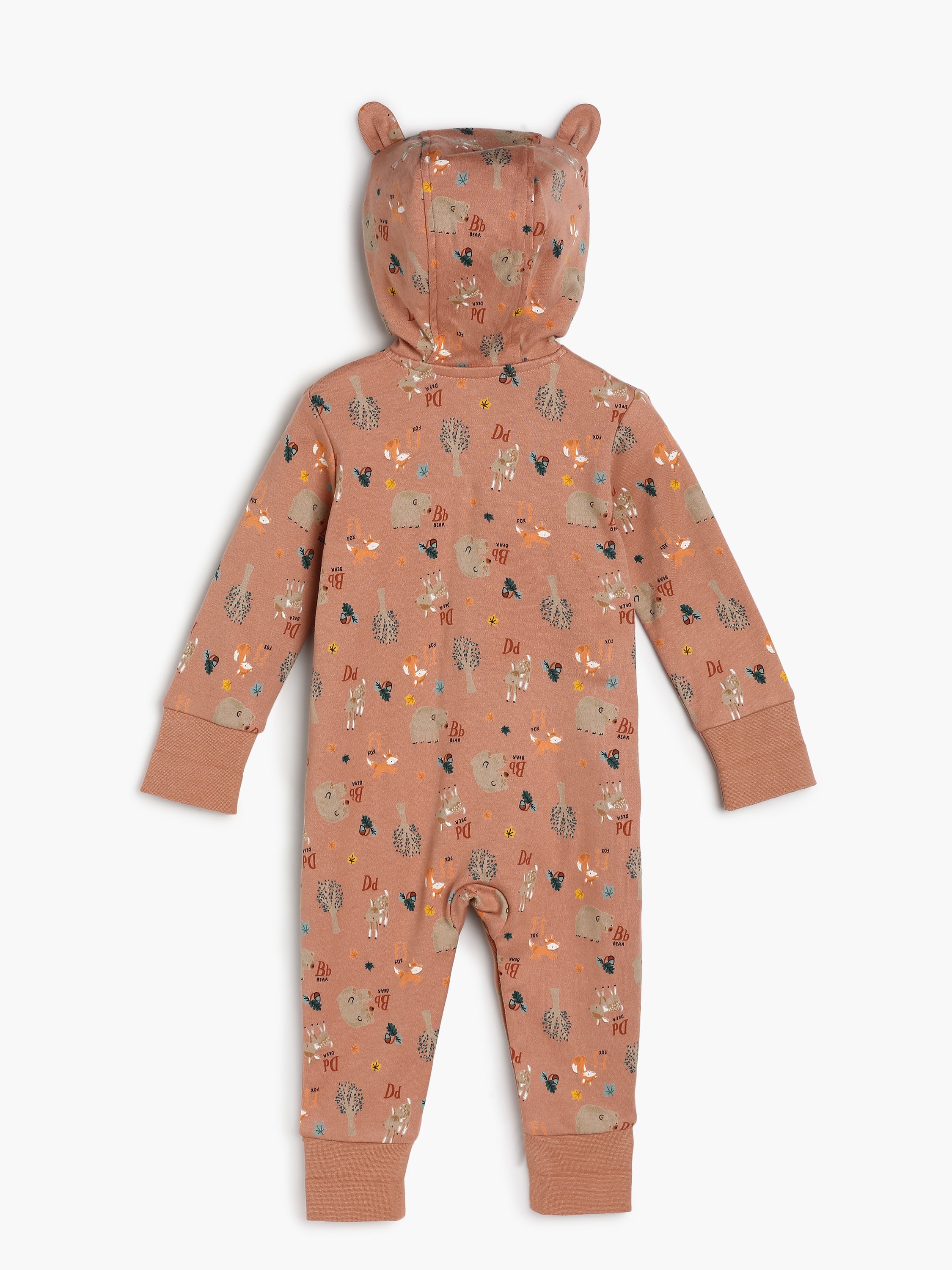 Baby Unisex Allover Animal Print Hooded Romper, Brown