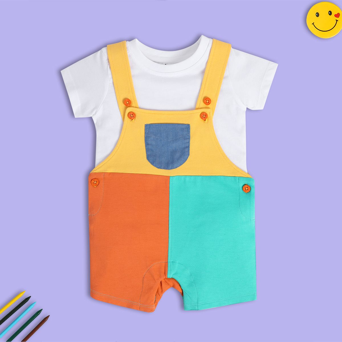 Boys Multi Round Neck Short Sleeve Dungaree Set
