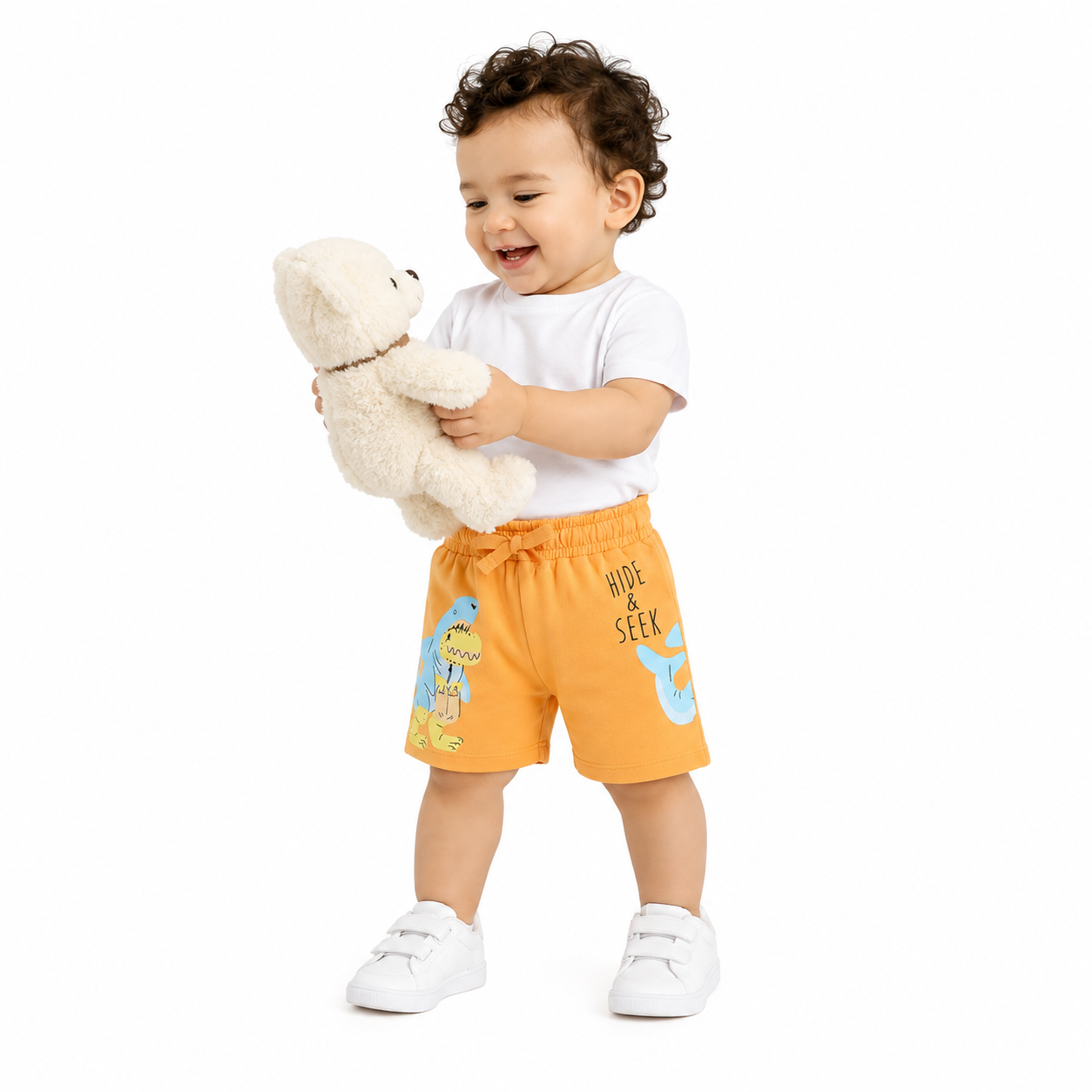 Baby Boys Orange Cotton Dinosaur Graphic Shorts Elasticated Drawstring Waist Casual Wear