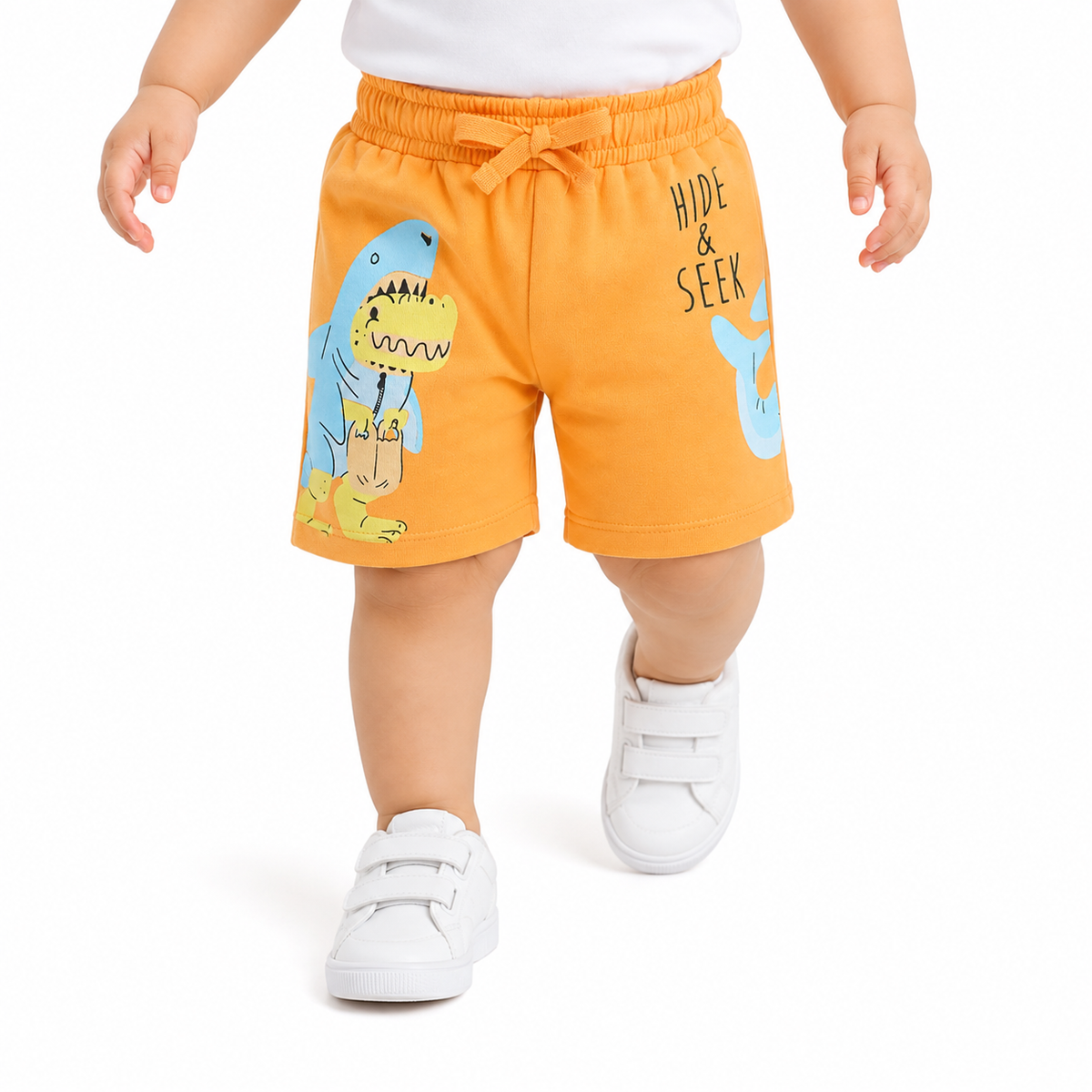 Baby Boys Orange Cotton Dinosaur Graphic Shorts Elasticated Drawstring Waist Casual Wear