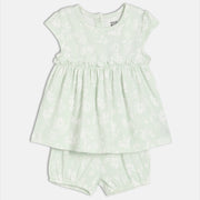 Baby Girls Mint Green and White Cotton Floral Printed Dress and Bloomers Set Regular Fit Occasion Wear