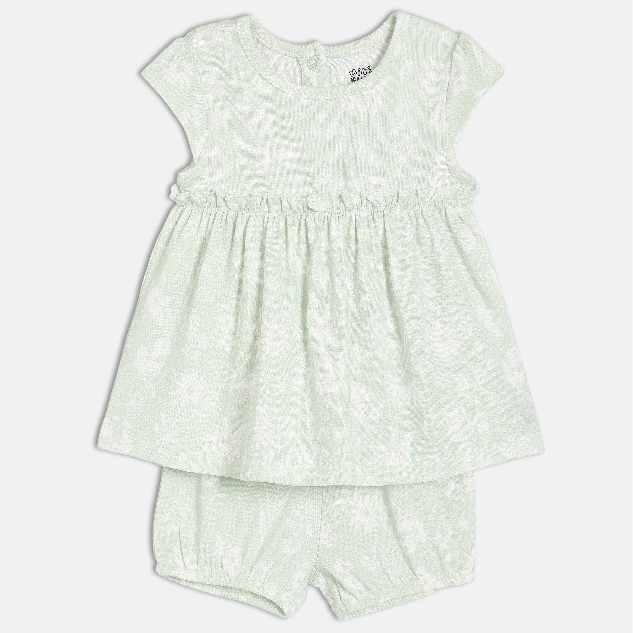 Baby Girls Mint Green and White Cotton Floral Printed Dress and Bloomers Set Regular Fit Occasion Wear