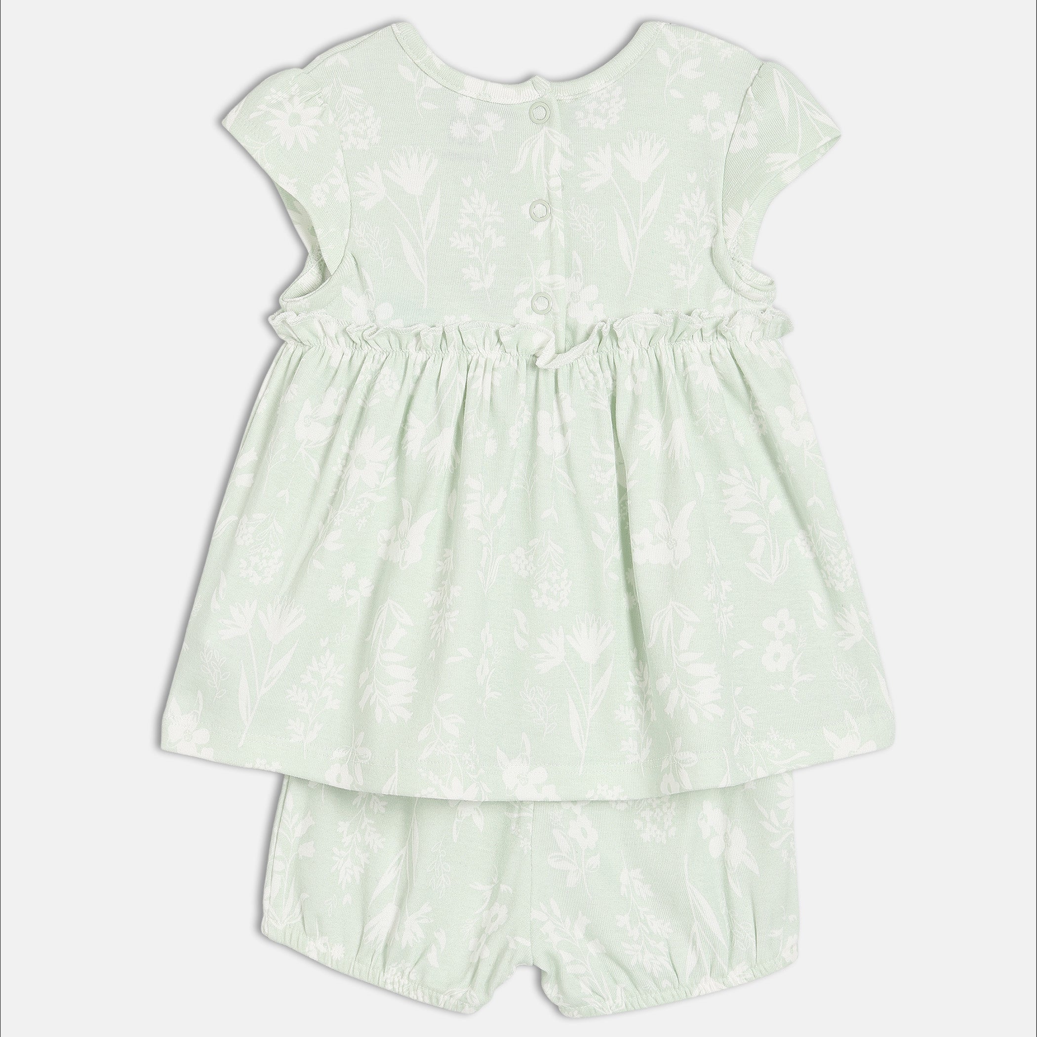 Baby Girls Mint Green and White Cotton Floral Printed Dress and Bloomers Set Regular Fit Occasion Wear