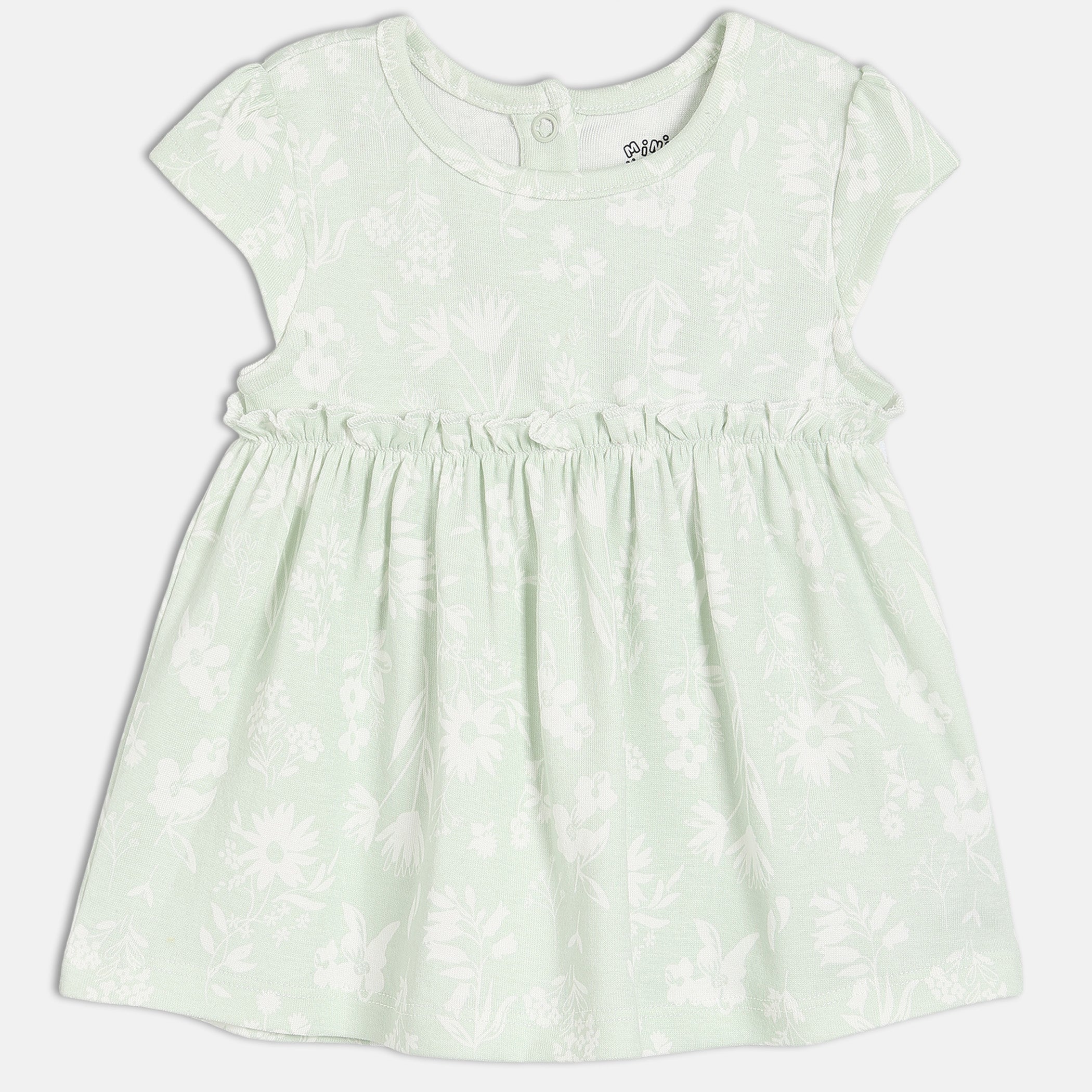 Baby Girls Mint Green and White Cotton Floral Printed Dress and Bloomers Set Regular Fit Occasion Wear