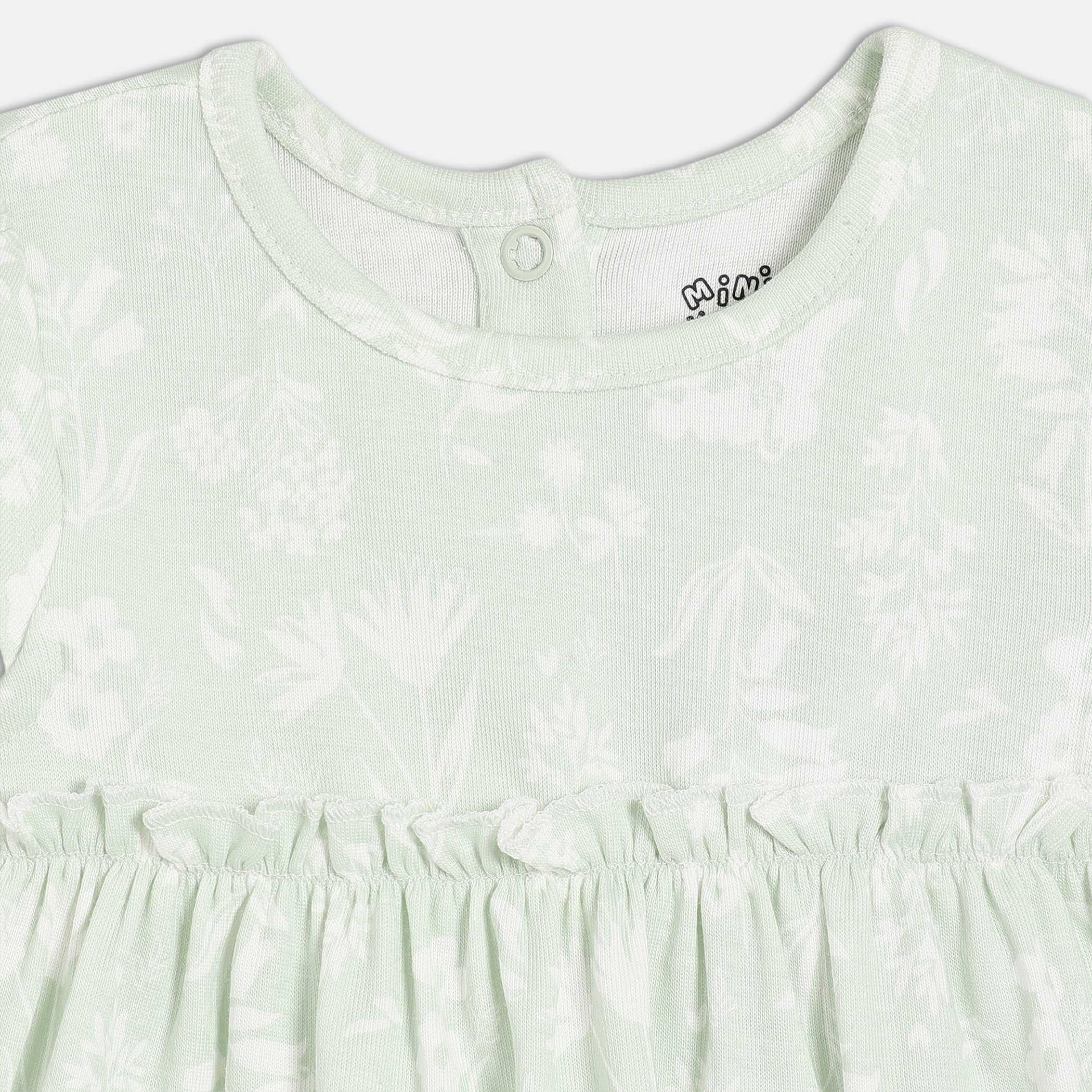 Baby Girls Mint Green and White Cotton Floral Printed Dress and Bloomers Set Regular Fit Occasion Wear