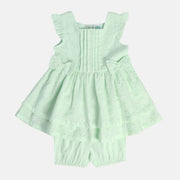 Girls Green Round Neck Sleeve Less Dress
