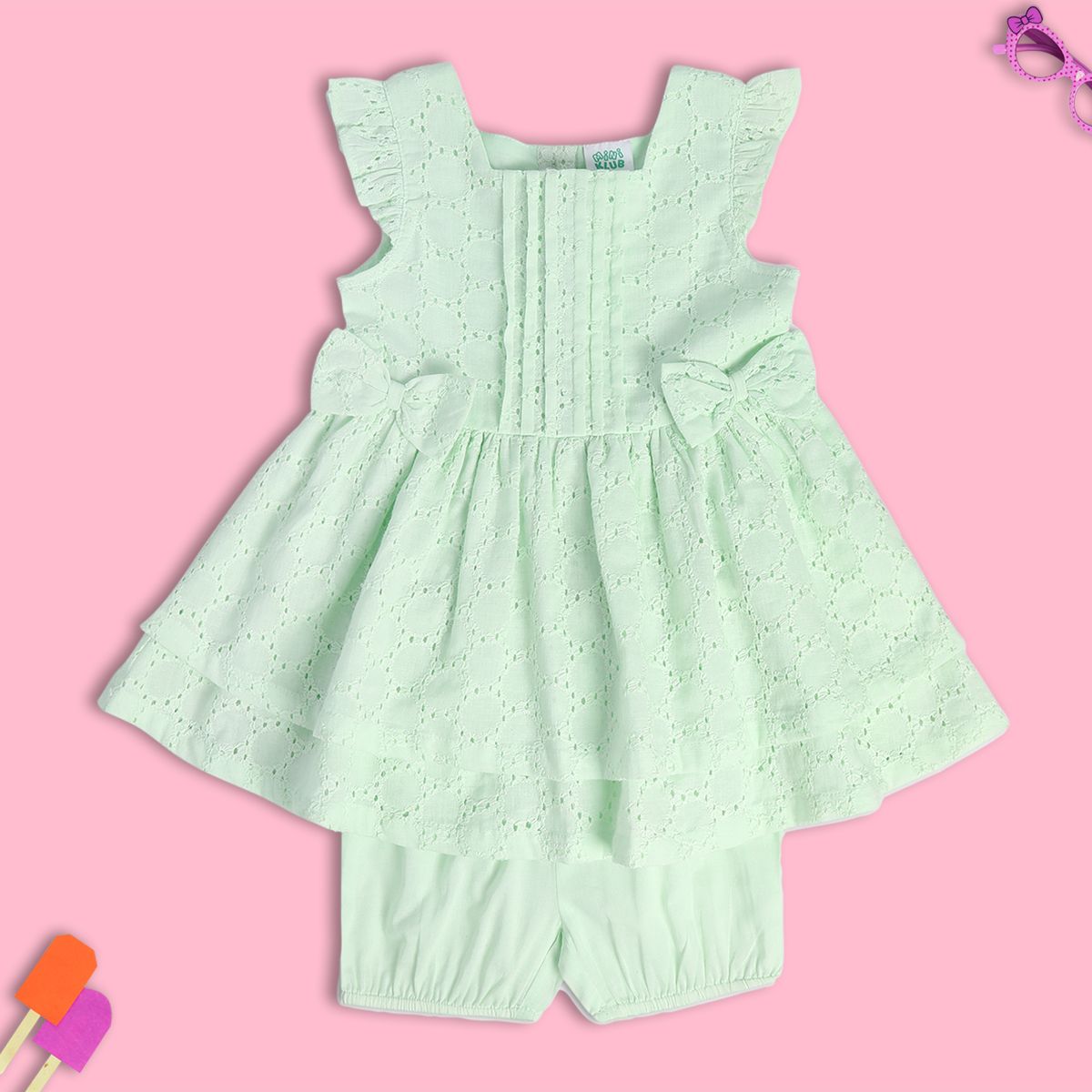 Girls Green Round Neck Sleeve Less Dress