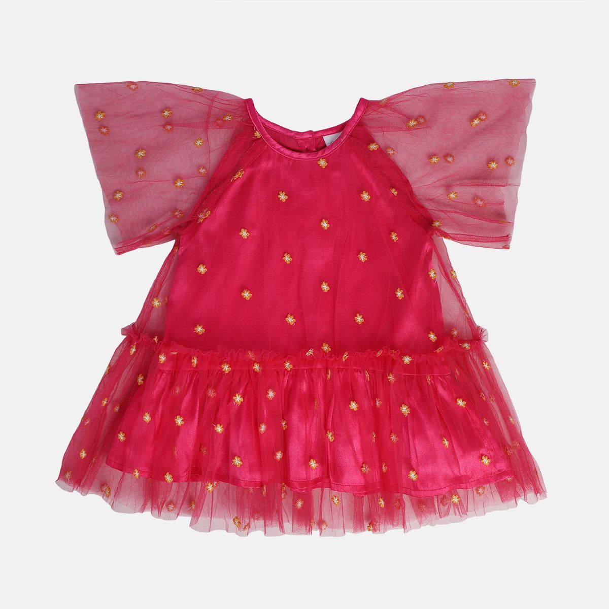 Girls Pink Round Neck Cap Sleeve Dress