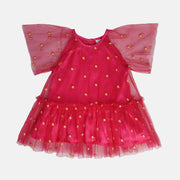 Girls Pink Round Neck Cap Sleeve Dress