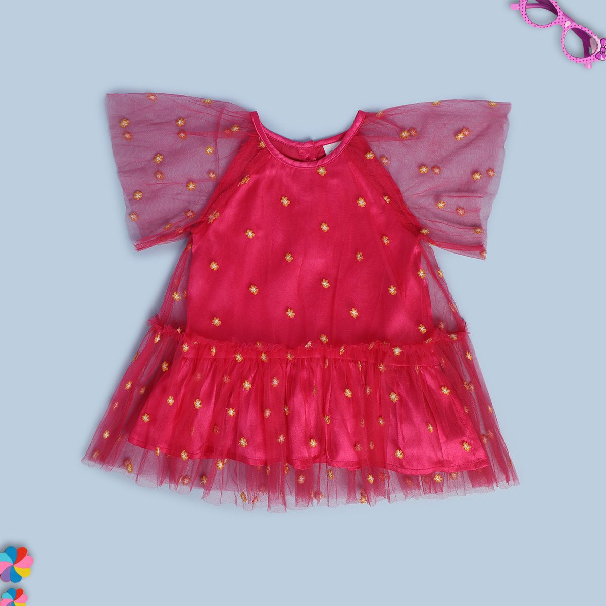 Girls Pink Round Neck Cap Sleeve Dress
