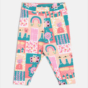 Baby Girls Peach, Pink and Teal Cotton Animal Printed Leggings Regular Fit Casual Wear