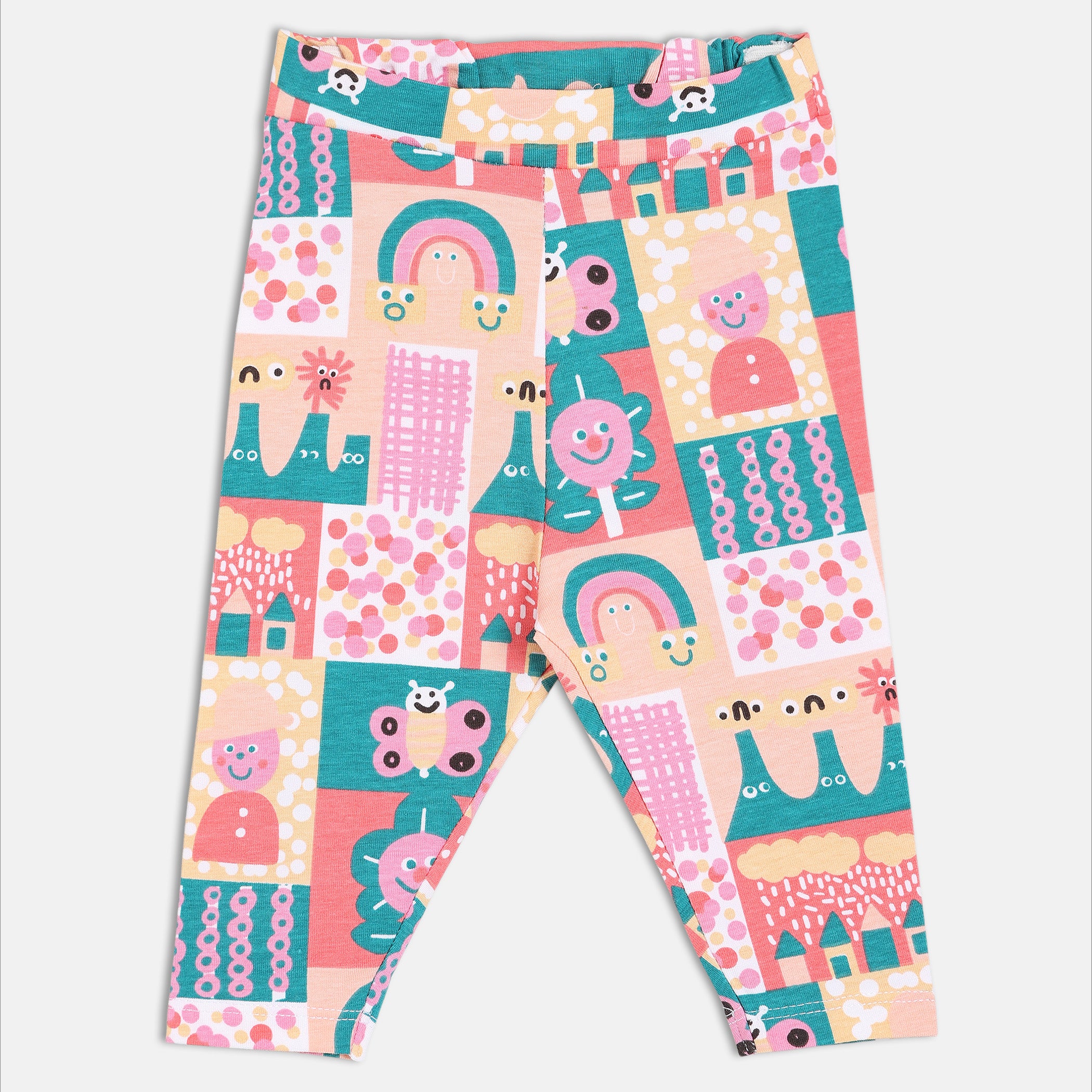 Baby Girls Peach, Pink and Teal Cotton Animal Printed Leggings Regular Fit Casual Wear